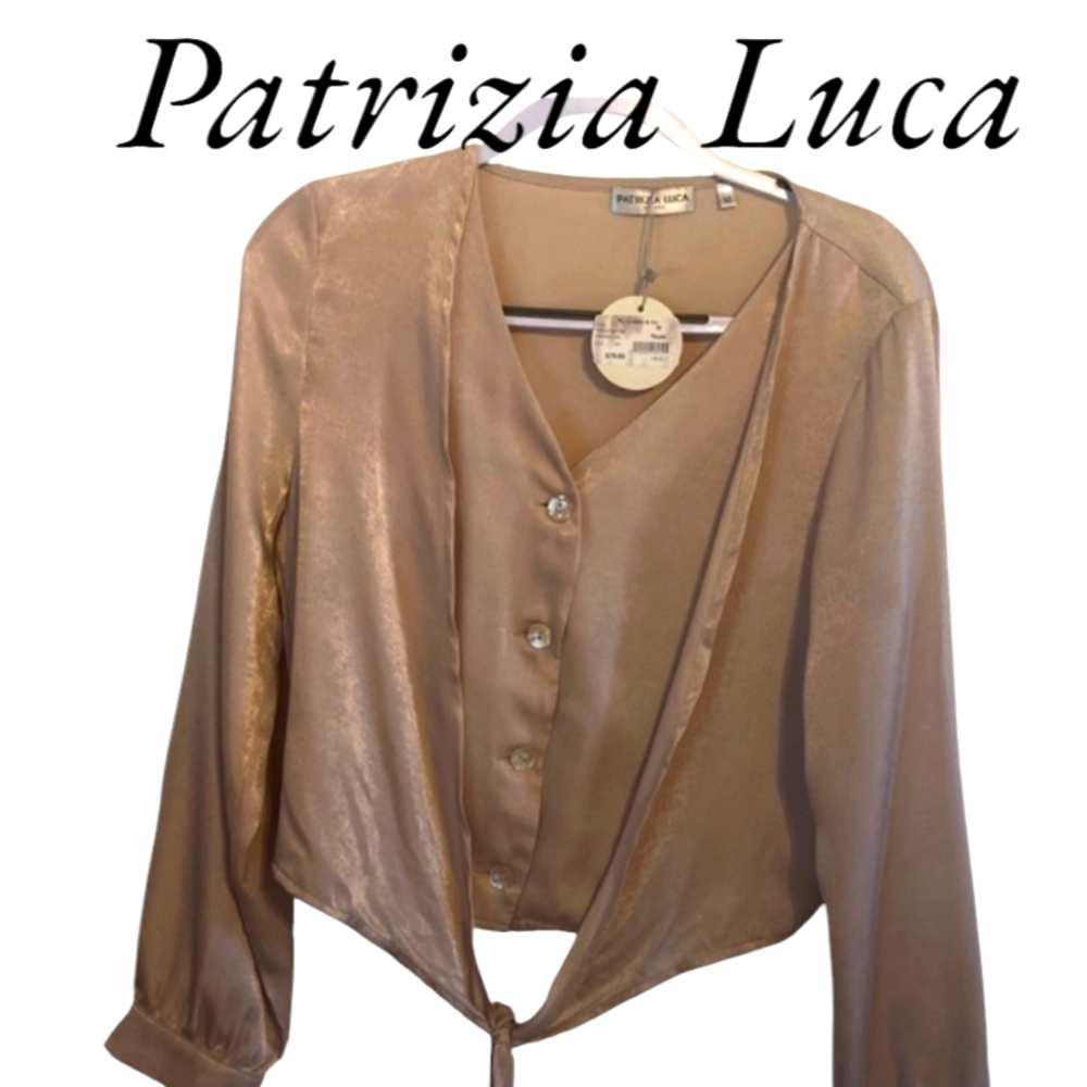PATRIZIA LUCA NWT Long sleeve button up Blouse with tie waist Taupe Size Medium